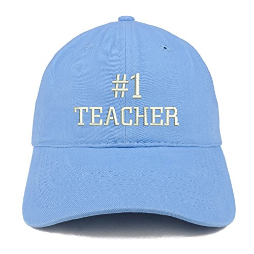 Trendy Apparel Shop Number 1 Teacher Embroidered Low Profile Soft Cotton Baseball Cap - Carolina Blue