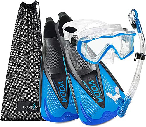 Phantom Aquatics Rapido Boutique Collection Full Foot Fins Bundled with Panoramic View Tempered Glass Lens Mask Fin Snorkel Set with Snorkeling Gear Travel Bag - BL - 42