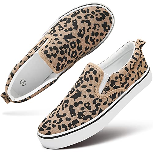 Women's Canvas Slip On Sneakers Fashion Flats Shoes White Canvas Shoes (Leopard, US8)