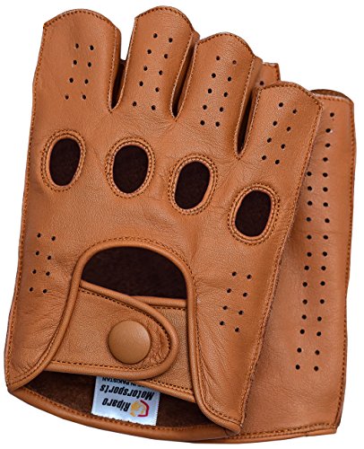 Riparo Mens Leather Reverse Stitched Fingerless Half-Finger Driving Motorcycle Gloves (Large, Cognac)