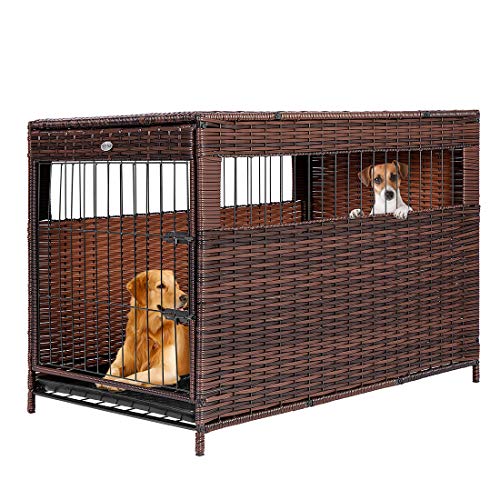 DEStar Heavy Duty PE Rattan Wicker Pet Dog Cage Crate Indoor Outdoor Puppy House Shelter with Removable Tray and UV Resistant Cover (Large - 29' W x 32' H)