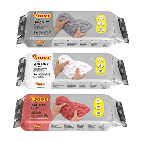 Jovi Premium European Air Dry Modeling Clay Pack of 3, White, Grey & Terracotta Clay, 1.1 Lb Each 3.3-Lbs Total; Non-Staining, perfect for Arts and Crafts Projects