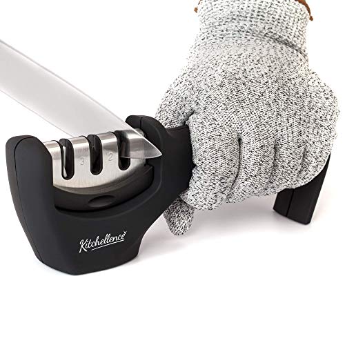 4-in-1 Kitchen Knife Accessories: 3-Stage Knife Sharpener Helps Repair, Restore, Polish Blades and Cut-Resistant Glove (Black)