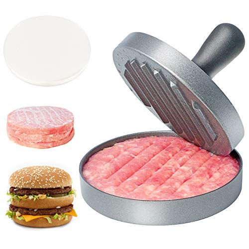 Asdirne Hamburger Press Patty Maker, Food Grade Aluminum Burger Press with ABS Handle, Non-Stick, Easy to Clean, with 50 Pcs Wax Patty Paper, 4.6' Diameter and 0.7' Depth