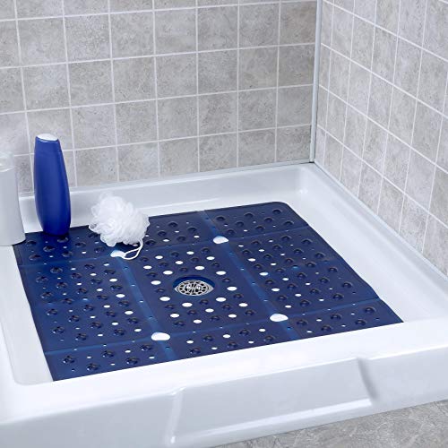SlipX Solutions Extra Large Square Shower Mat 27 x 27, Non-Slip Stall Mat for Elderly & Kids Bathroom (Drain Holes, Strong Suction Cups, Machine Washable) (Translucent Navy, 1)