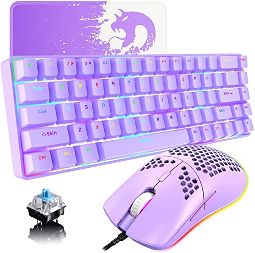 LexonElec 60 percent Mechanical Gaming Keyboard Blue Switch Mini 68 Keys Wired Type C Chroma RGB 18 Backlit Effects,Lightweight Mosue 6400DPI Honeycomb Optical, Mouse Pad for Gamers & Typists(Purple)