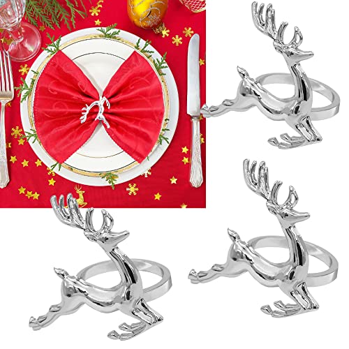 Christmas Napkin Rings Set of 12 Thanksgiving Holiday Dinner Parties Silver Deer Napkin Holder Home Table Decoration, Silver (12)