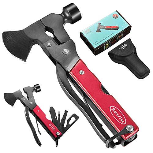 RoverTac Multitool Hatchet Camping Tool Accessories Survival Axe Gear Unique Gifts for Men Women Dad Husband 14 in 1 Multi Tool Axe Saw Knife Hammer Pliers Screwdrivers Bottle Opener Durable Sheath