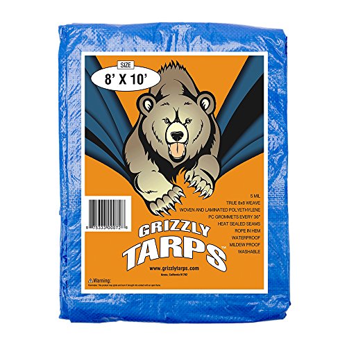 Grizzly Tarps by B-Air 8' x 10' Large Multi-Purpose Waterproof Heavy Duty Poly Tarp with Grommets Every 36', 8x8 Weave, 5 Mil Thick, for Home, Boats, Cars, Camping, Protective Cover, Blue