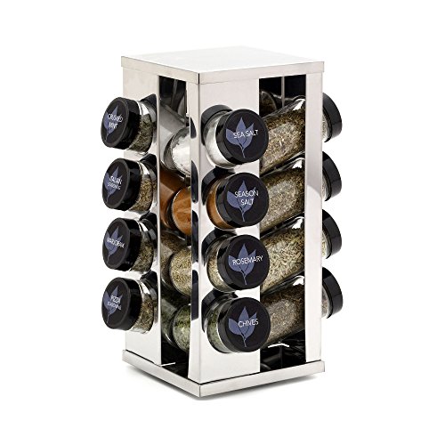 Kamenstein 16 Jar Heritage Revolving Countertop Spice Rack Organizer with Spices Included, FREE Spice Refills for 5 years, Brushed Stainless Steel with Black Caps