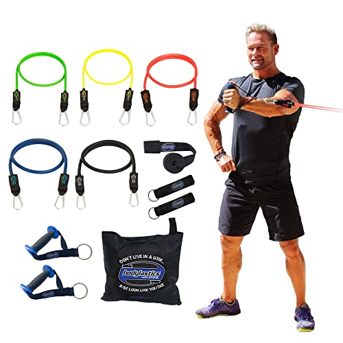 Bodylastics Resistance Band Set-Resistance Bands with Handles, Ankle Straps, Door Anchor, Carry Bag Heavy-Duty Stretch Exercise Bands-Patented Clips and Snap Reduction Tech (3-96LBS Set Assorted)