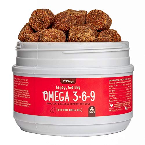 iHeartDogs Omega 3-6-9 for Dogs - Skin and Coat Fish Oil Supplement for Dogs with Pure Antarctic Krill Oil - Allergy & Itchy Skin Relief Chews, 60 Count