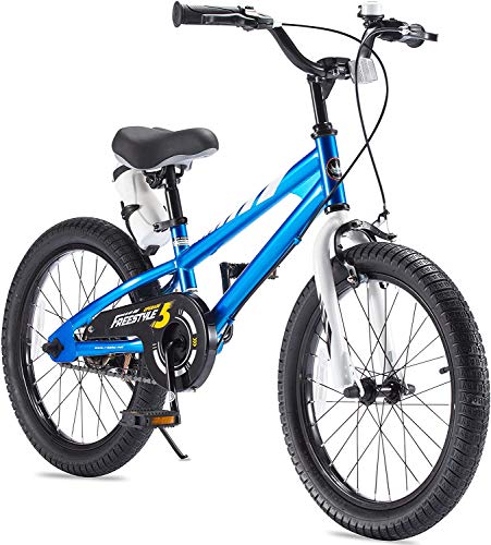 RoyalBaby BMX Freestyle Kid's Bike with Two Hand Brakes, Tool Free Pedal Assembly Boy's Bike and Girl's Bike, Training Wheels for 12' 14' 16', Kickstand for 16' 18' Bicycle, Blue Color (18 Inch)