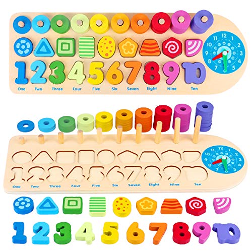 Aitbay Wooden Number Puzzles Montessori Toys for Toddlers, Shape Sorting Math Counting Color Wood Stacking Blocks, Educational Preschool Homeshchool Learning Toys for 3 4 5 Years Old Boys Girls