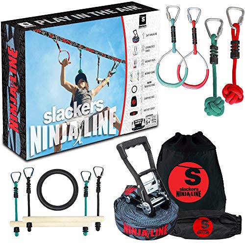 Slackers Ninjaline - 36' Intro Kit - Includes 7 Hanging Attachments - Best Outdoor Ninja Warrior Training Equipment For Kids - Build Your Very Own Backyard Obstacle Course - Rated Ages 5+