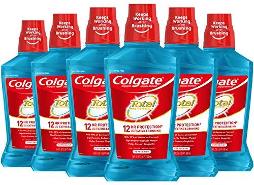 Colgate Total Pro-Shield Alcohol Free Mouthwash, Antibacterial Formula, Peppermint - 500 mL, 16.9 fluid ounce (6 Pack)