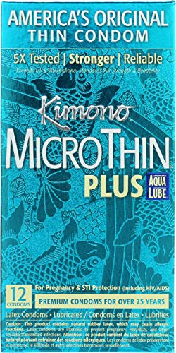 Kimono MicroThin Plus Aqua Lube Condoms I Lubricated with Water Based Lube I Our Thinnest Condoms Ever I 5X Tested, Stronger, Reliable I Made with Odorless Premium Natural Latex I 12 Count