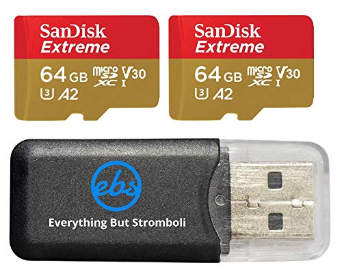 SanDisk 64GB Micro SDXC Extreme Memory Card (Two Pack) SDSQXAH-064G-GN6MN Works with GoPro Hero 7 Black, Silver, Hero7 White UHS-1 U3 A2 Bundle with (1) Everything But Stromboli Micro Card Reader