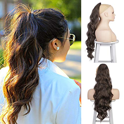 Ponytail Hair Extensions Clip in Human Hair Long Wavy Curly Drawstring Synthetic Hair Extensions Hairpieces Accessories for Women 24 Inch 040-6/20