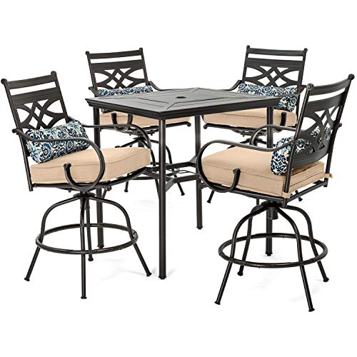 Hanover Montclair 5-Piece All-Weather Outdoor Counter-Height Patio Dining Set, 4 Cushioned Swivel Chairs and 33' Square Stamped Rectangle Table, Tan