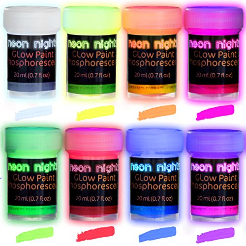 Neon Nights Glow-in-The-Dark Paint - Multi-Surface Acrylic Paints for Outdoor and Indoor Use on Canvas & Walls - Gifts for Artists - Phosphorescent - 8 Pack, 20 mL