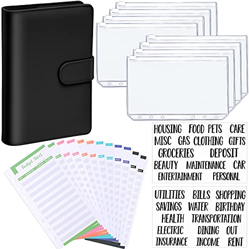 PU Leather Notebook Binder Budget Planner Organizer 6 Ring Binder Cover, 8 Pieces Binder Pockets, 12 Pieces Expense Budget Sheets and 26 Categories Letter Sticker Label (Black,Small,Bold Font)