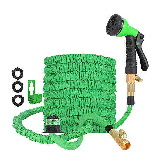 Garden Hose Expandable 100ft, Flexible Water Hose with 9 Function Spray Nozzle, 3/4” Solid Brass Connectors, Leak-proof Lightweight Expandable Water Hose (Green)