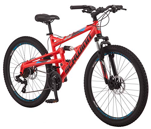 Schwinn Protocol 1.0 Mens and Womens Mountain Bike, 26-Inch Wheels, 24-Speed Drivetrain, Lightweight Aluminum Frame, Full Suspension, Red/Blue