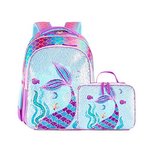 Reversible Sequin School Backpack Lightweight Little Kid Book Bag with Lunch Bag Set for Preschool Kindergarten Elementary (17', Mermaid with Lunch Bag)