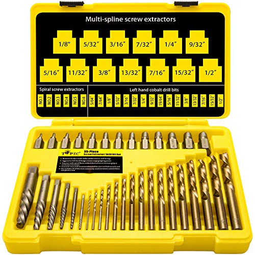 Topec 35-Piece Screw Extractor and Drill Bit Set, Bolt extractors, Multi-Spline Extractors, and Drill Bits for Removeing Broken Studs, Bolts, Socket Screws, and Fittings