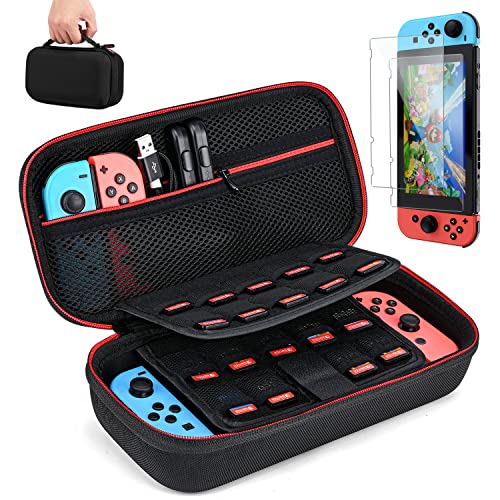 Younik Switch Carrying Case with 2 Pack Screen Protector, Switch (NOT OLED/Lite) Travel Case with Protective Hard Shell for NS Switch Console & Accessories Holds 19 Game Cartridge, Black
