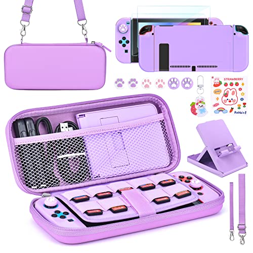 Younik Switch Accessories Bundle, 15 in 1 Purple Switch Accessories Kit for Girls Include Switch Carrying Case with 9 Game Card Slots, Adjustable Stand, Protective Case for Switch Console & J-Con