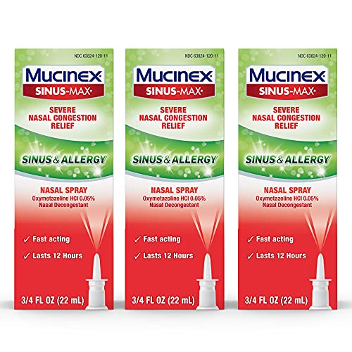 Mucinex Sinus-Max Nasal Spray for Sinus & Allergy, Fast-Acting & Fragrance Free, 12 Hour Severe Nasal Congestion Relief, 0.75 Fl Oz (Pack of 3)