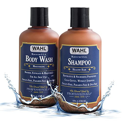 Wahl Body Wash & Shampoo Shower Combo Kit with Essential Oils for Men, Restorative, Nourishing, Exfoliating & Moisturizing with Meadowfoam Seed Oil, Clove Oil & Moringa Oil, Brown - Model 805701