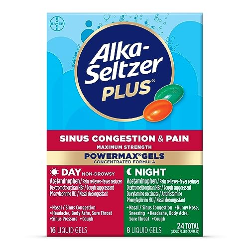 Alka-Seltzer Plus Maximum Strength PowerMax Sinus Congestion & Pain Medicine, Day + Night Liquid Gels - Powerful Relief for Cold and Flu, Sinus Congestion for Adults and Children 12+ Years, 24 Count