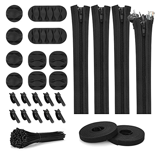 126pcs Cord Management Organizer Kit 4 Cable Sleeve with Zipper,10 Self Adhesive Cable Clip Holder,10pcs and 2 Roll Self Adhesive tie and 100 Fastening Cable Ties for TV Office Home etc (Black)