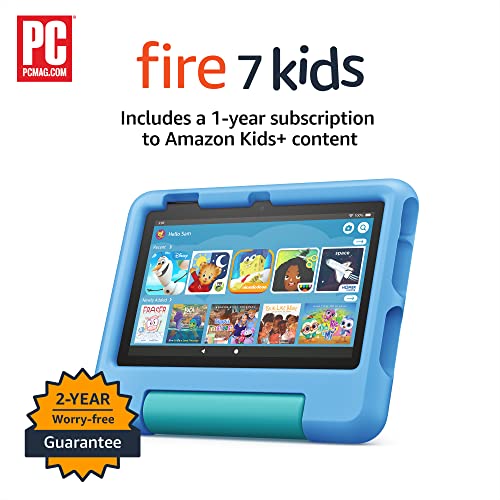 Amazon Fire 7 Kids tablet, 7' display, ages 3-7, with ad-free content kids love, 2-year worry-free guarantee, parental controls, 16 GB, (2022 release), Blue