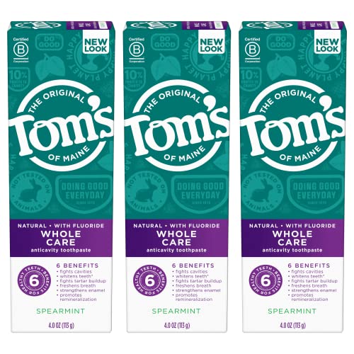 Tom's of Maine Whole Care Natural Toothpaste With Fluoride, Spearmint, 4 oz. 3-Pack (Packaging May Vary)