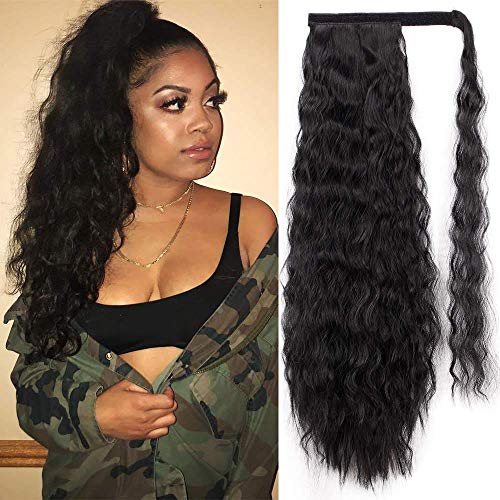 Stamped Glorious Long Corn Wave Ponytail Extension Magic Paste Heat Resistant Wavy Synthetic Wrap Around Ponytail Black Hairpiece for Women (22 Inch, 22 Inch-Black)