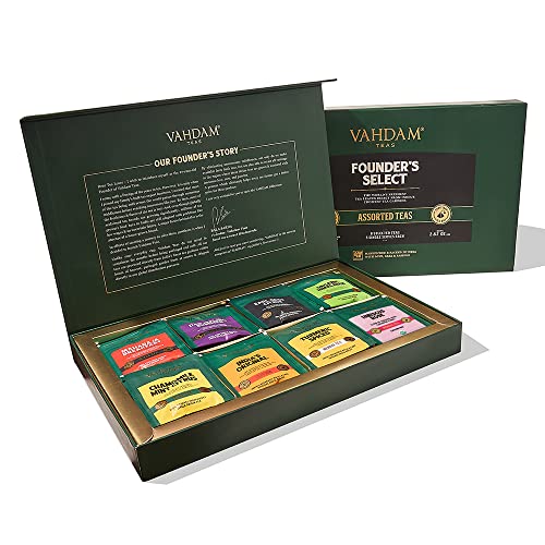 VAHDAM, Assorted Tea Bag Sampler (8 Tea Flavors, 40 Tea Bags Gift Sets) Valentines Gifts | Real Ingredients- Black Tea, Green Tea, Oolong Tea, Chai Tea, Herbal Tea | Tea Bags Variety Gift Box