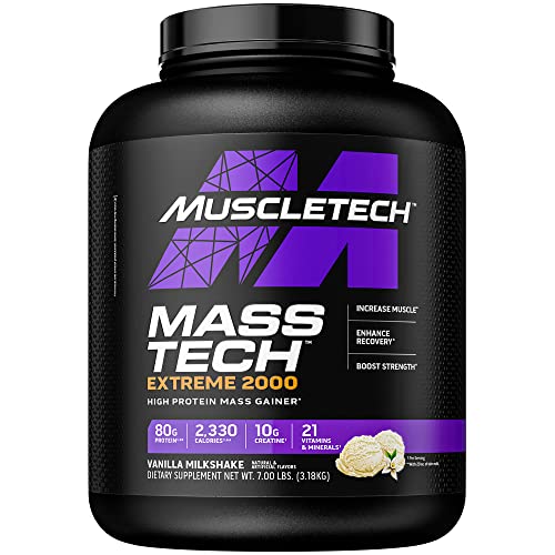 Mass Gainer Powder | MuscleTech Mass-Tech Extreme 2000 | Whey Protein Muscle Builder for Men & Women |Creatine Monohydrate + Carbs | Max-Protein for Weight Gain | Vanilla, 7 lb