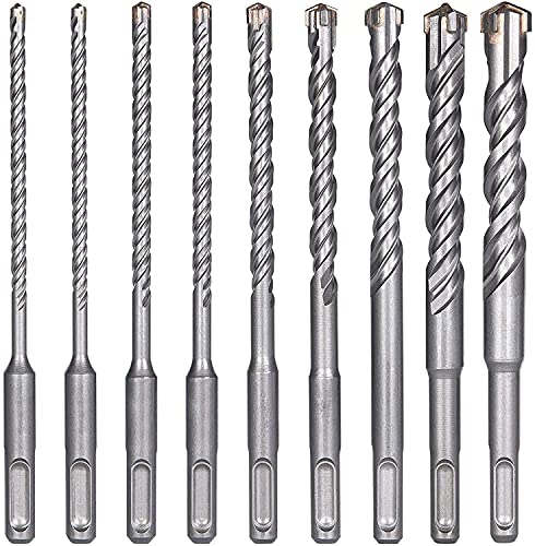 9 Piece Carbon Steel Hammer Drill Bit Set, SDS Carbide Drill for Bricks Masonry Concrete Cement Stone Rocks etc