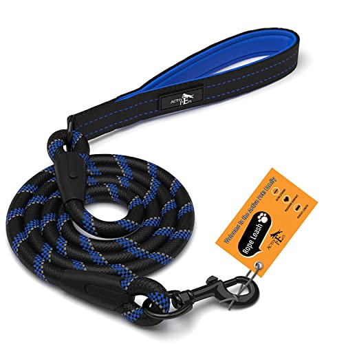ACTIVE PETS Strong Dog Rope Leash with Soft Comfortable Padded Handle and Highly Reflective Threads, Dog Leash for Small Medium and Large Dogs, Puppy Leash for Training Running and Walking Blue