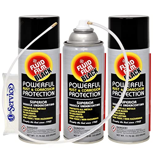 Fluid Film 12 Oz Undercoating Protection Aerosol Spray Can Black 3 Pack, Rust Inhibitor and Prevention, Anti Corrosion Multi Purpose Penetrant and Lubricant, Spray Can Extension Wand and Tissue Pack