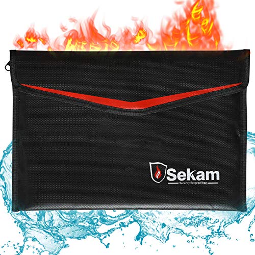 SEKAM Fireproof Document Bag (13.4 x 9.5 inch), Fireproof Money Bag, Fireproof Envelope Cash Bag, Water Resistant & Fire Safe Bag for A4 Documents, Currency with Zipper and Hook & Loop Closure (Black)