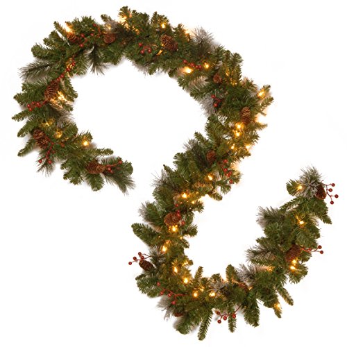 National Tree Company Pre-Lit Artificial Christmas Garland, Green, Crestwood Spruce, White Lights, Decorated with Pine Cones, Berry Clusters, Battery Operated, Christmas Collection, 9 Feet