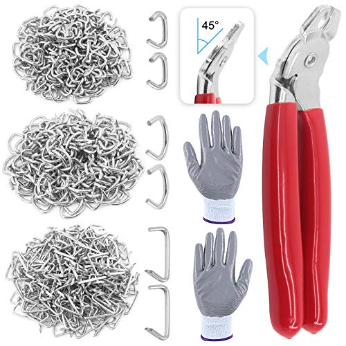 Glarks 362Pcs Hog Ring Pliers with Hog Rings Kit, 360Pcs 1/2'' 3/4'' 3/8'' Steel Hog Rings with Angled Hog Ring Pliers and Anti-Cutting Gloves for Upholstery, Fencing, DIY Craft, Furniture and more