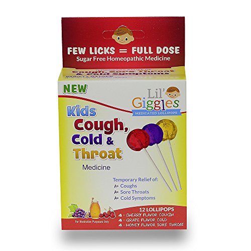 Lil Giggles Kid's Cough, Cold & Throat Medicated Lollipops Variety Pack - for Children’s Persistent Cough, Cold and Sore Throat. Homeopathic Remedy. The Medicine Kid’s Will Love to take. 12 CT