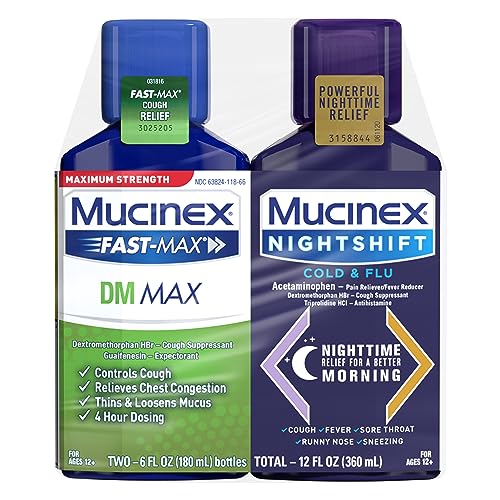 Maximum Strength Mucinex FastMax DM Max & Mucinex Nightshift Cold & Flu Liquid (2 x 6 fl. oz.) Thins & Loosens Mucus, Relieves Cough & Chest Congestion, Pain, Fever, Sneezing, Sore Throat, Runny Nose