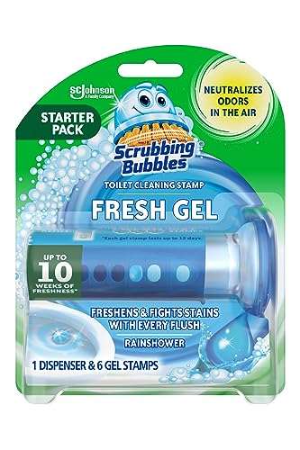 Scrubbing Bubbles Fresh Gel Toilet Bowl Cleaning Stamps Starter Pack, Clean and Prevent Limescale and Toilet Rings, Rainshower Scent, 1 Dispenser With 6 Stamps, 1.34 Oz